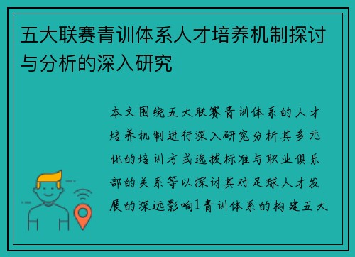 五大联赛青训体系人才培养机制探讨与分析的深入研究
